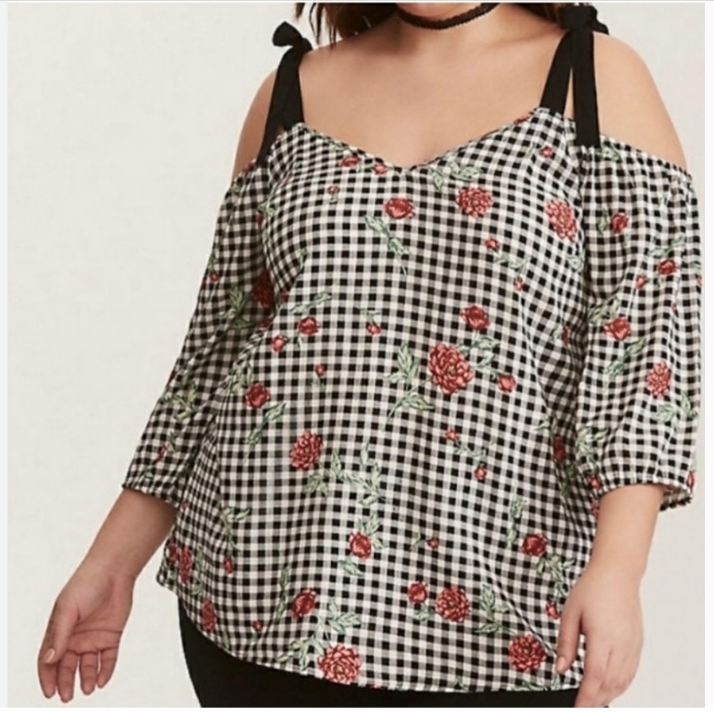 < NWT Torrid Floral Gingham Cold Shoulder Blouse > - Picture 1 of 5